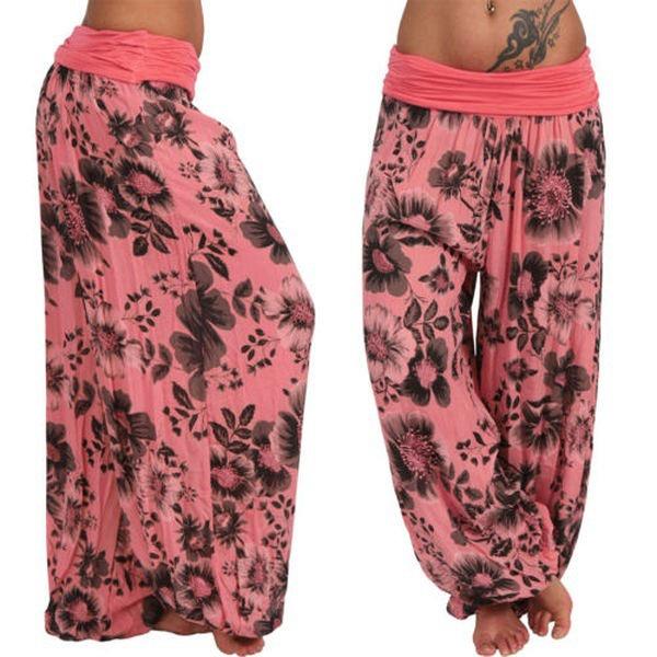 Women's High Waist Printed Harem Pants Loose Wide Leg Long Trousers Elastic Fold Waist Casual Bohemian Digital Print Baggy Pants