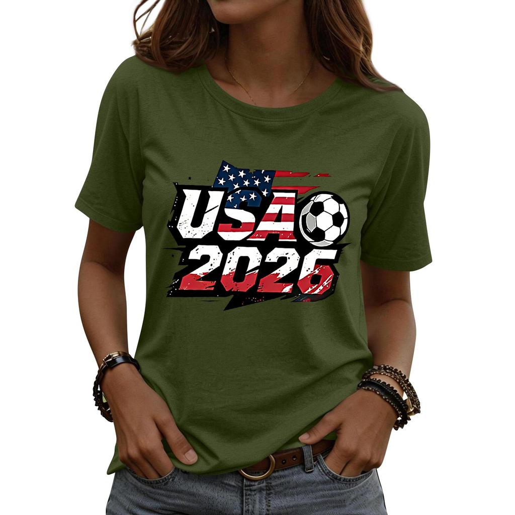 Women’s Short Sleeve Crewneck T Shirt with USA 2026 Graphic Print Soccer Ball Casual Loose Fit Top Tee