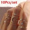10 Pcs/Set Lady Fashion Gold Pearl Ring Jewelry Set Crystal Flower Moon Star Opening Heart Geometric Rings