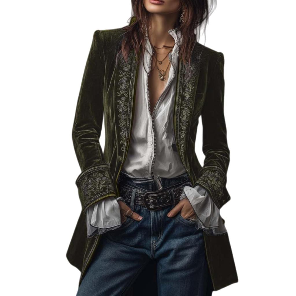 Women's Velvet Vintage Long-sleeved Cardigan with A Casual Opening and Mid-length Coat