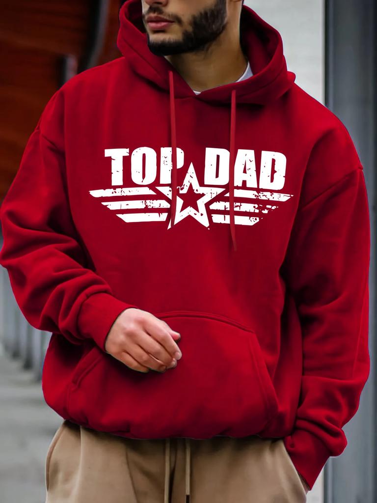 Top Dad" Graphic Men's Hoodie, Casual and Comfortable Long-sleeved Pullover with Star Print Design, Autumn and Winter Style