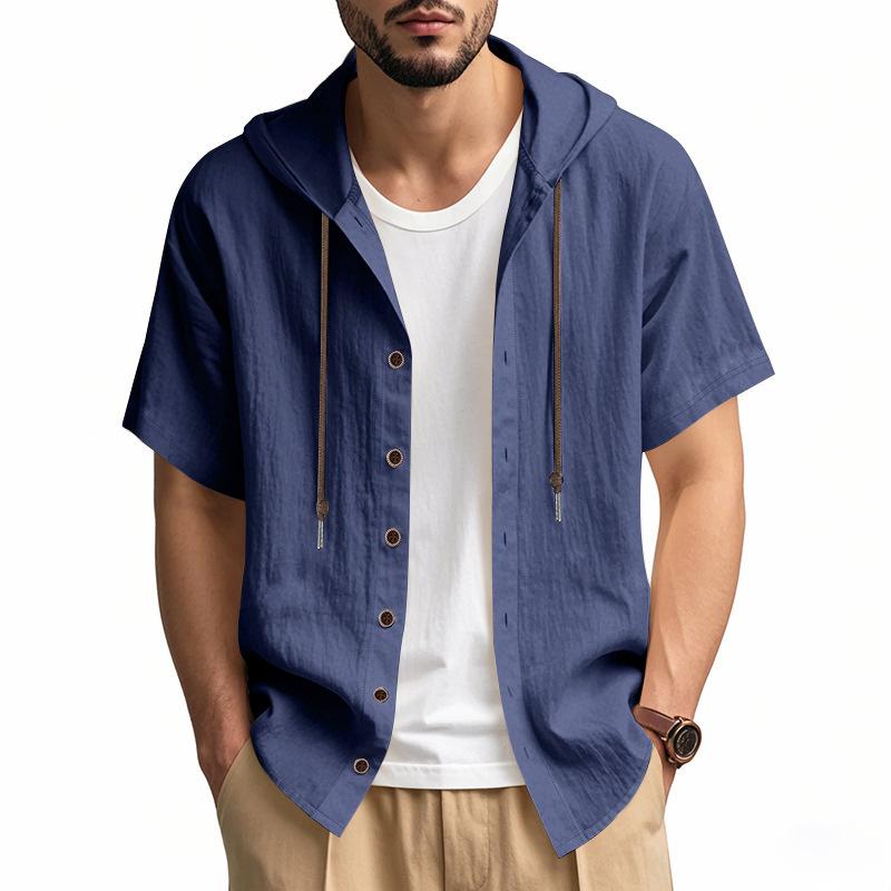 

Summer Men s Lightweight Breathable Linen Loose-Fit Hooded Short-Sleeved Shirt L Темно-синій
