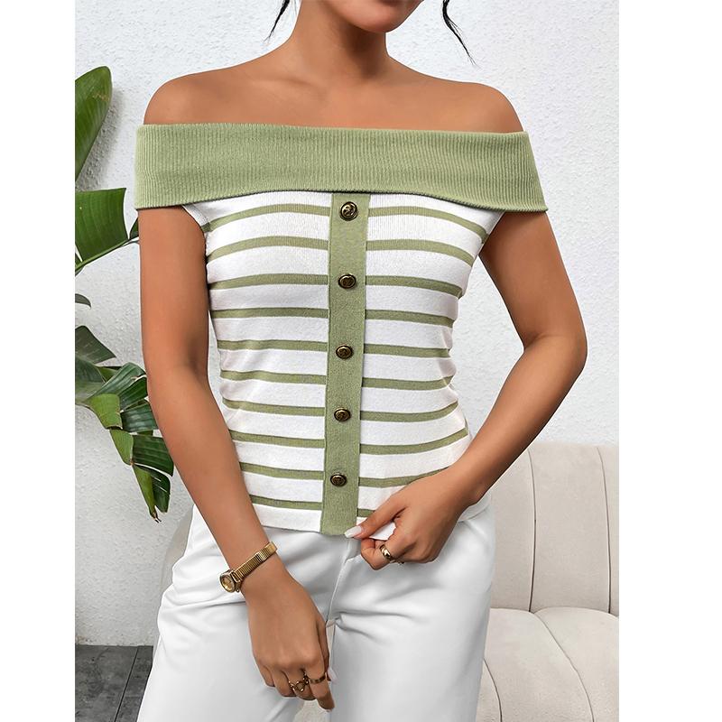 Moda Donna Rigata Senza Maniche Fuori Spalla Pullover Pullover Maglieria Donna Primavera Estate