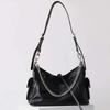 Vintage Chain Detail Moto Shoulder Bag Women Large Capacity Crossbody Soft PU Leather Streetwear Style