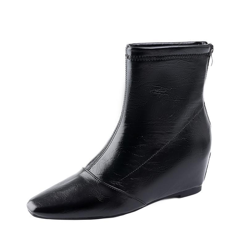 Wedge Platform Boost Stretch Skinny Boots Women's Square Toe Soft Leather Rear Zipper Vintage Versatile Booties