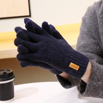 Men's Gloves Autumn and Winter Thickened Warm Five-finger Wool Cold-proof Outdoor Cycling Dual-purpose Knitting Student Green