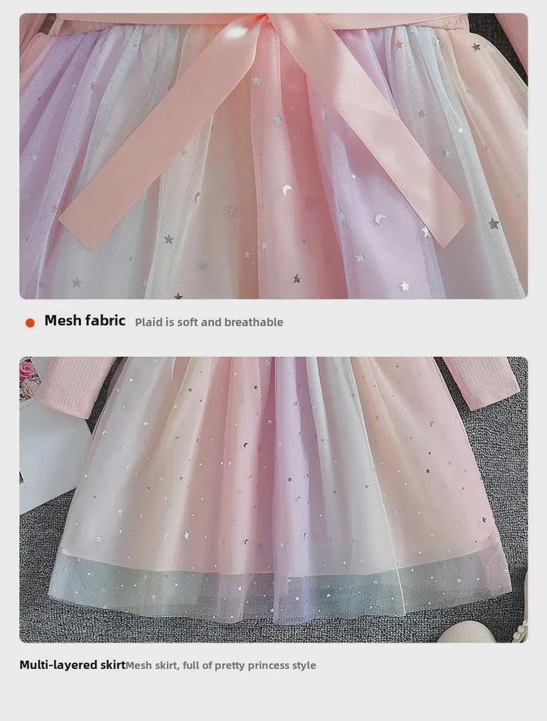 Herbst 2025 Langarm-Netzkleid mit Schleife für Baby-Mädchen