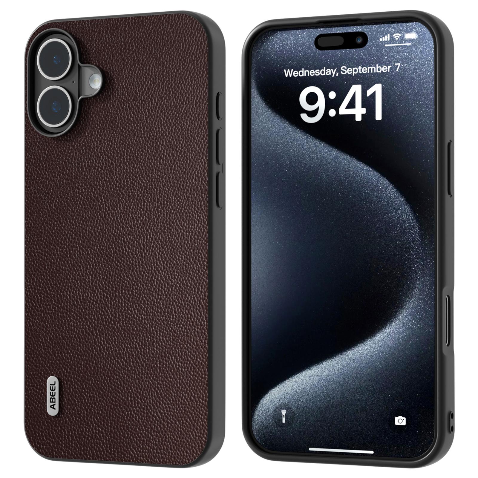 

For iPhone 16 Plus Case Genuine Cow Leather Coated PC+TPU Phone Cover Coffee