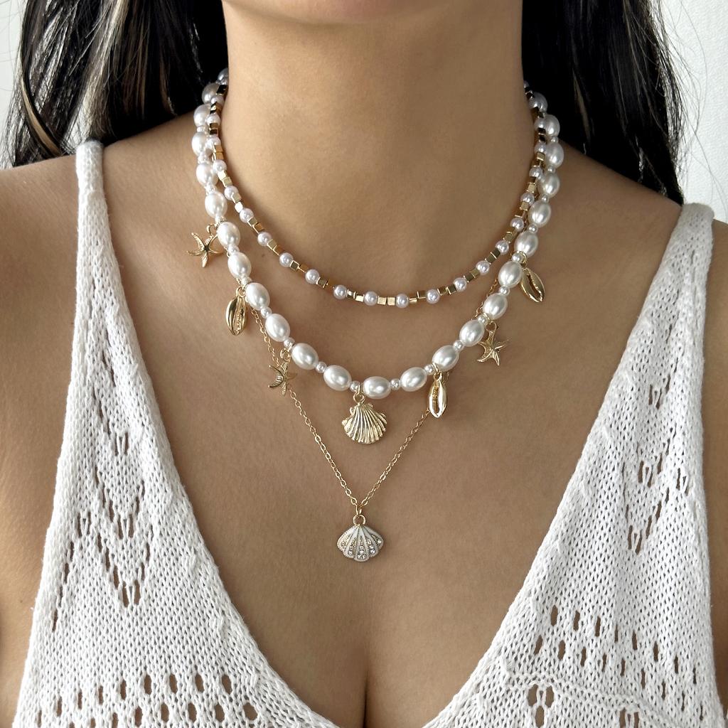 3 Stück Elegante Imitation Perlen Choker Halsketten für Damen Mehrschichtig Ozean Seestern Muscheln Anhänger Halsketten Party Schmuck