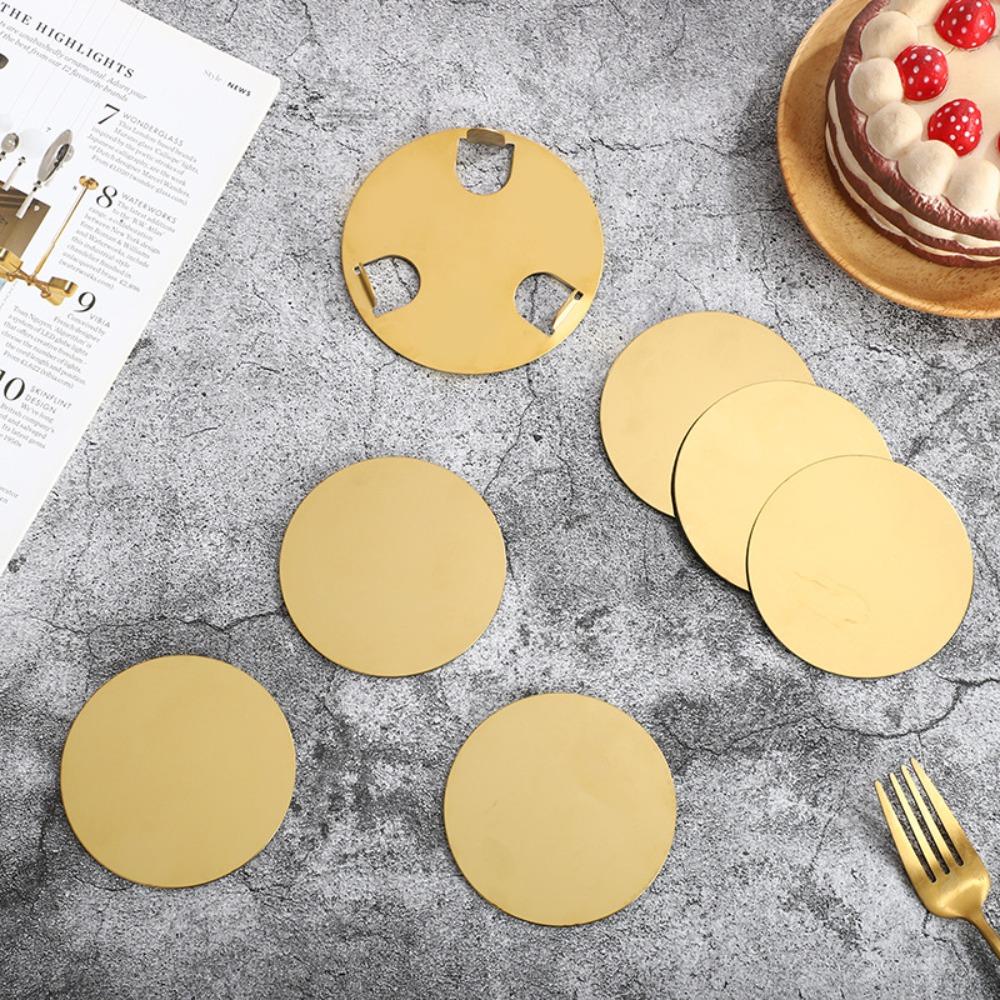 Scald-proof Gold Stainless Steel Coaster Set Round Mug Cushion Kitchen Gadgets Drink Pad  Tabletop