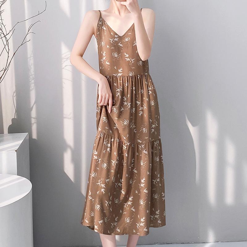 Printed women's cotton and silk nightgown large size sweet floral pajamas sleeveless loungewear summer thin can be worn outside