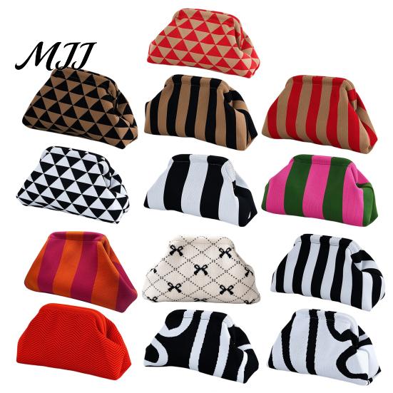 Daily Travel Toiletry Organizer Snap Shut Makeup Bag, Striped Knitted Clutch Pouch, Stylish Small Cosmetic Pouch for Purse Wide Open Brushes