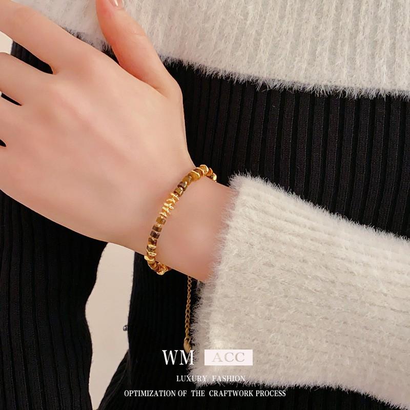 Womens Vintage Style Alloy Bracelet With Coffee Brown Tigers Eye Beads Geometric Design Minimalist Fashion Jewelry