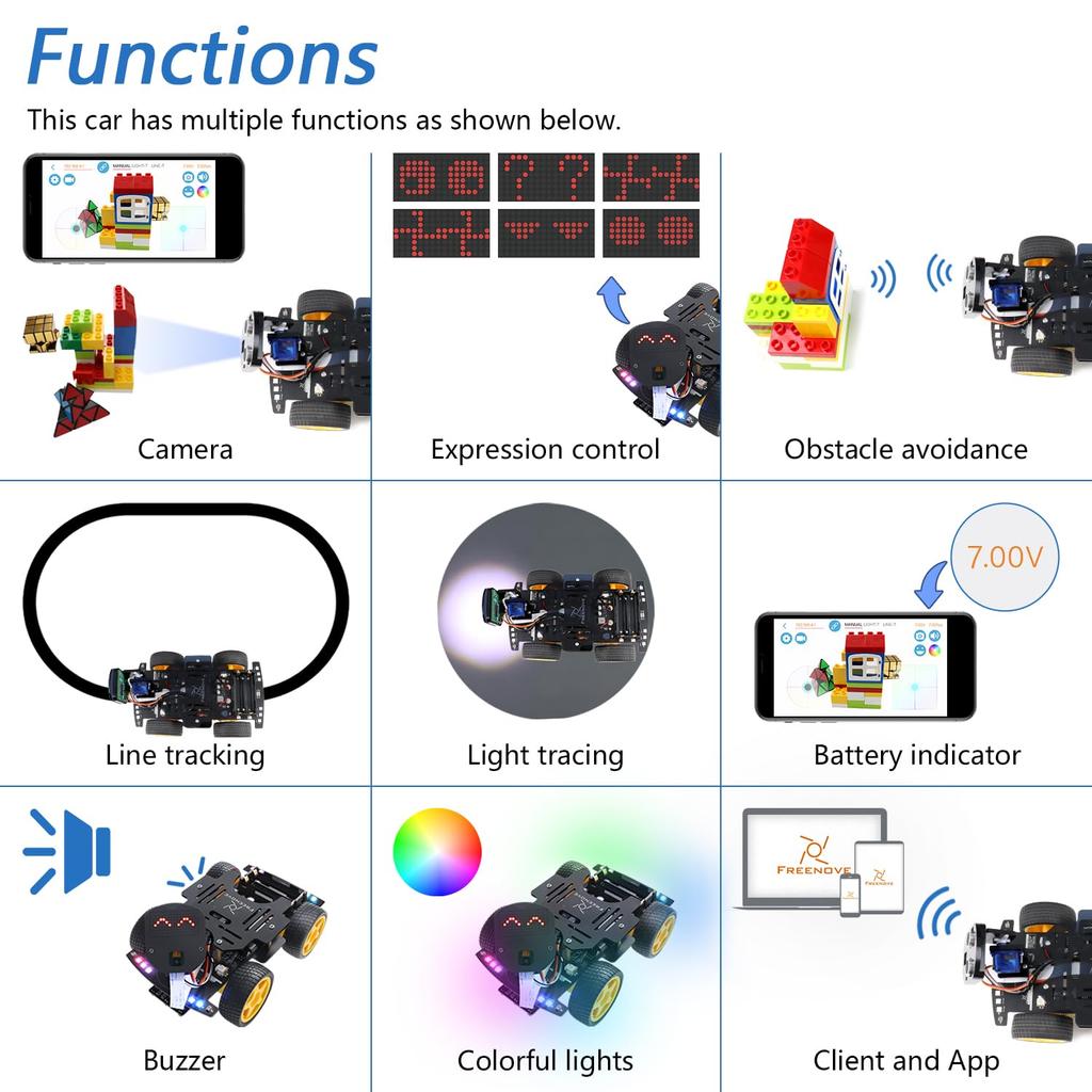 Freenove 4WD Car Kit for ESP32 CAM 240 MHz Dot Obstacle Line Light Colorful App (Includes), Dual-Core 32-bit Microcontroller, Camera, Matrix,