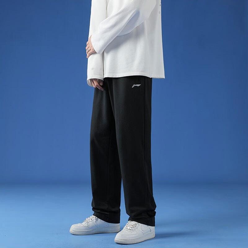Li Ning Logo Print Solid Color Fleece Straight Leg Knitted Sports Pants Men bottoms Black YKLT415-1