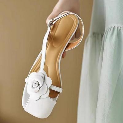 Fashion New Design Summer Women Sandals Half Cover Toe Genuine Leather Square Toe Flower Buckle Strap Empty Back Med Heels Shoe