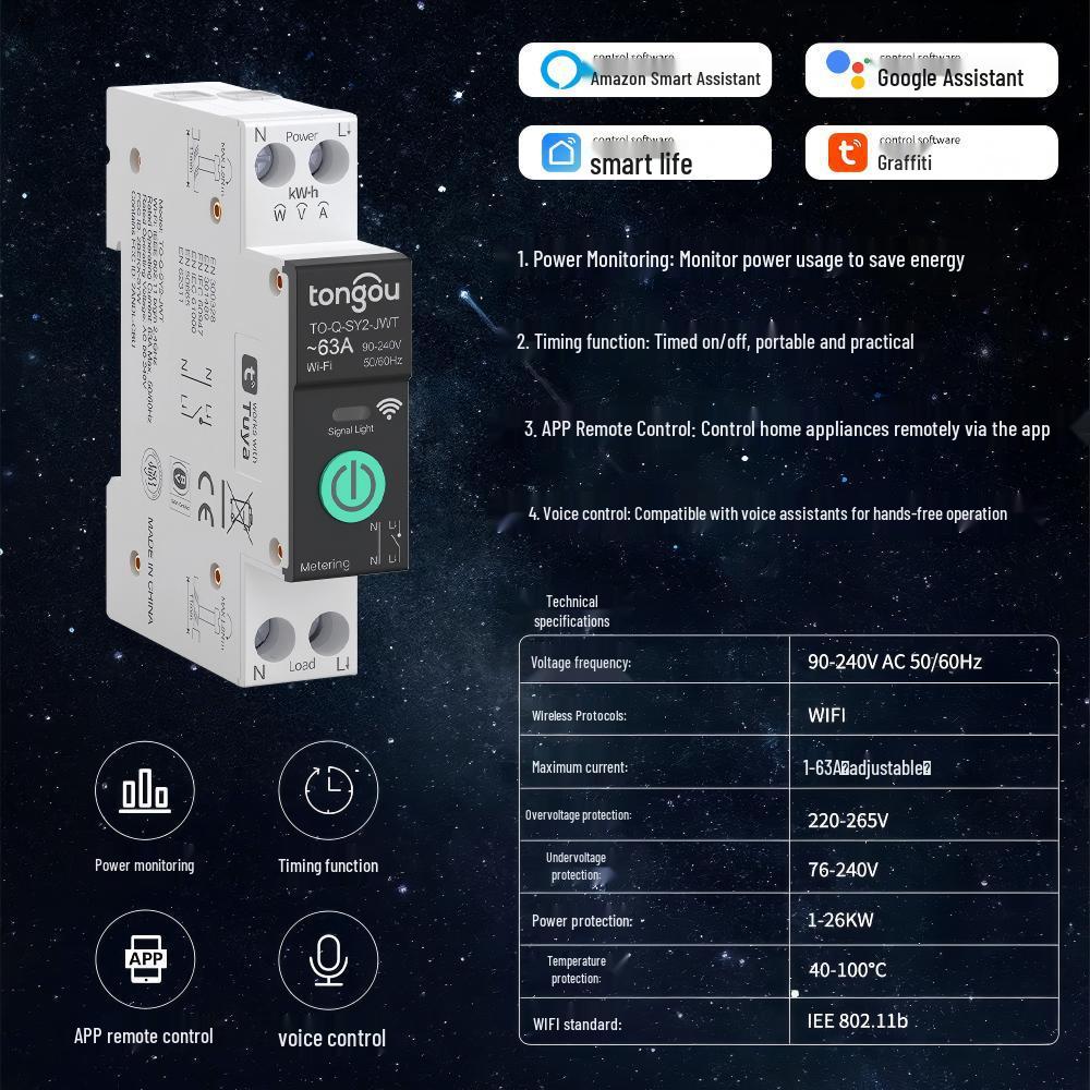 Graffiti Smart WiFi Circuit Breaker: Over/Undervoltage Protection, 1-63A, Wireless Remote Control via Mobile.