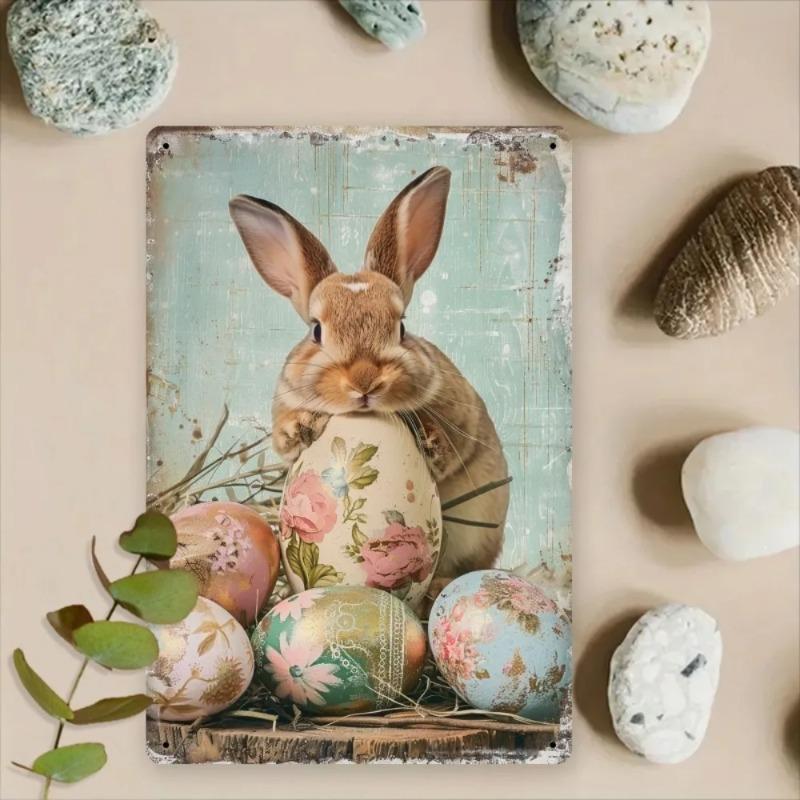 Vintage Easter Bunny Floral Eggs Metal Tin Sign Rustic Wall Art Home Decor
