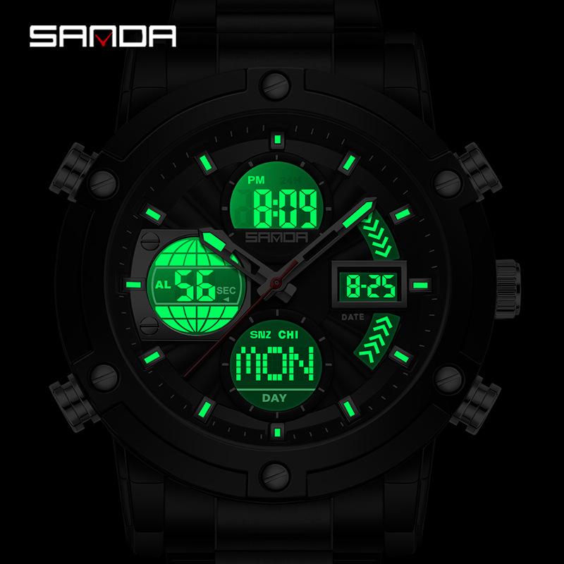 SANDA Men's Multi-Time Zone Steel Band Watch - Luminous, Waterproof, Alarm & Stopwatch Features
