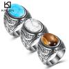 Charm Men's Ring 6mm Wide Carved Pattern Stainless Steel Jewelry Heavy Anillos Chunky Blue Stone Exotic Party Accessories