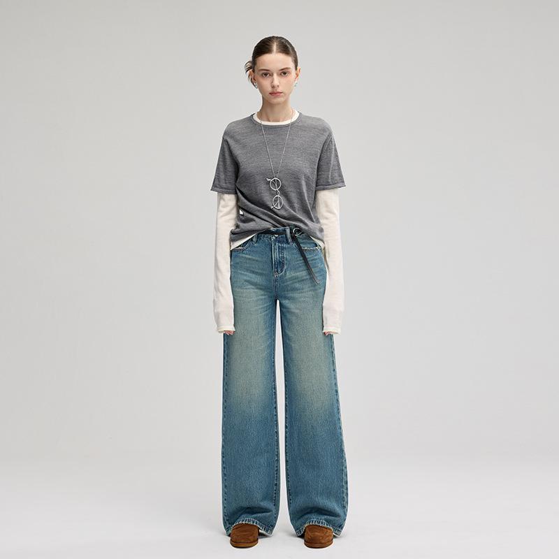 

MBB2025 Women s Retro Wide-Leg Denim Jeans - Heavyweight Cotton, Trendy Slimming Fit, Floor-Length Size 30 павлин голубой