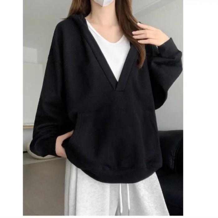 

{Original cloth pure cotton Huamian} V-neck solid color sweater jacket autumn new casual versatile women s top 2XL чорний