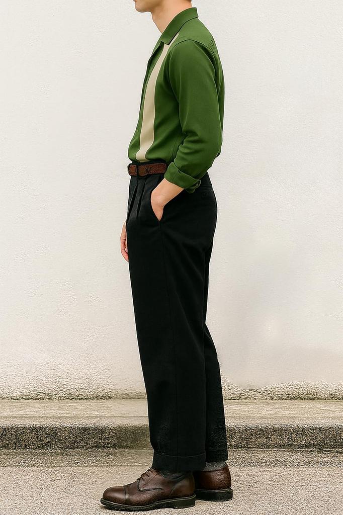 CHANGE WELL 2025 Long Sleeve Boxy Bowling Shirt with Open Collar Men's Autumn/Winter Vintage-Inspired (Green, Large)