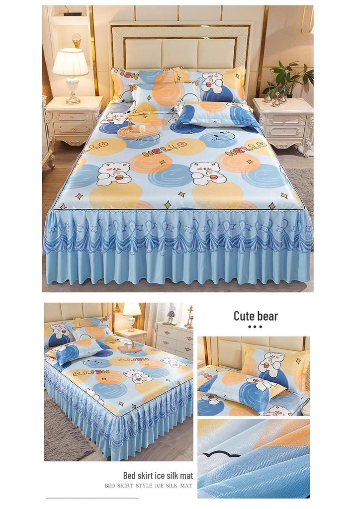 Ice Silk Bed Skirt 3-Piece Set: Machine Washable, Soft, Double Bed, Summer