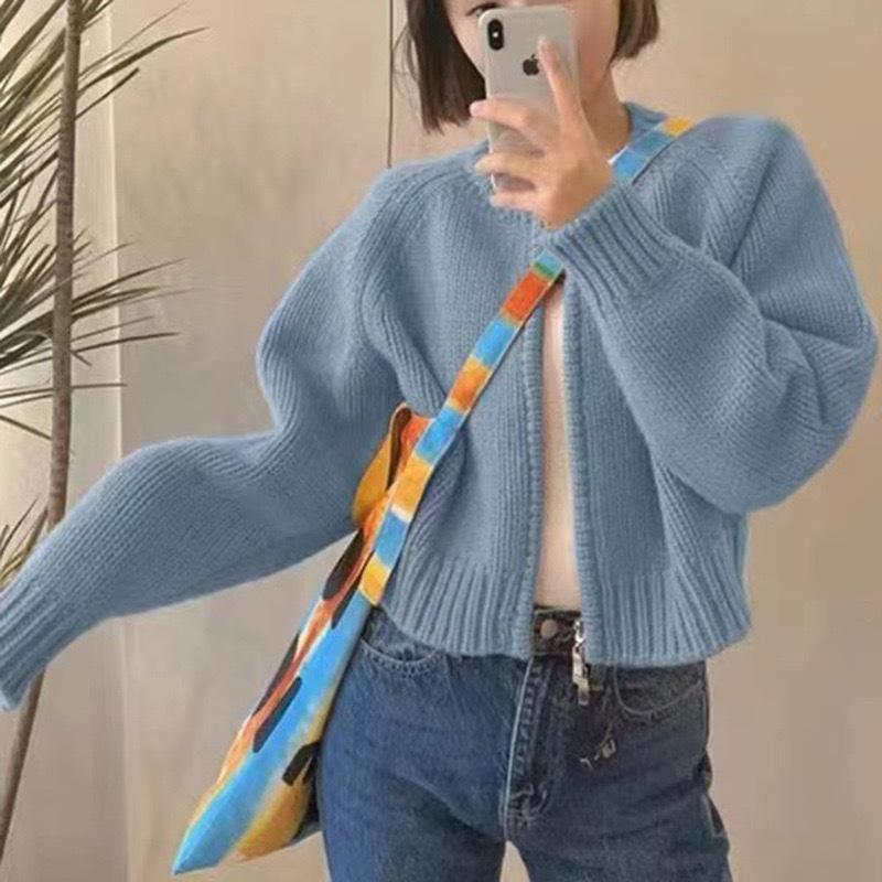 

Gray Short Sweater Coat for Women Autumn Winter Loose Thickened Zipper Long Sleeve Knit Cardigan Top One Size озеро синий
