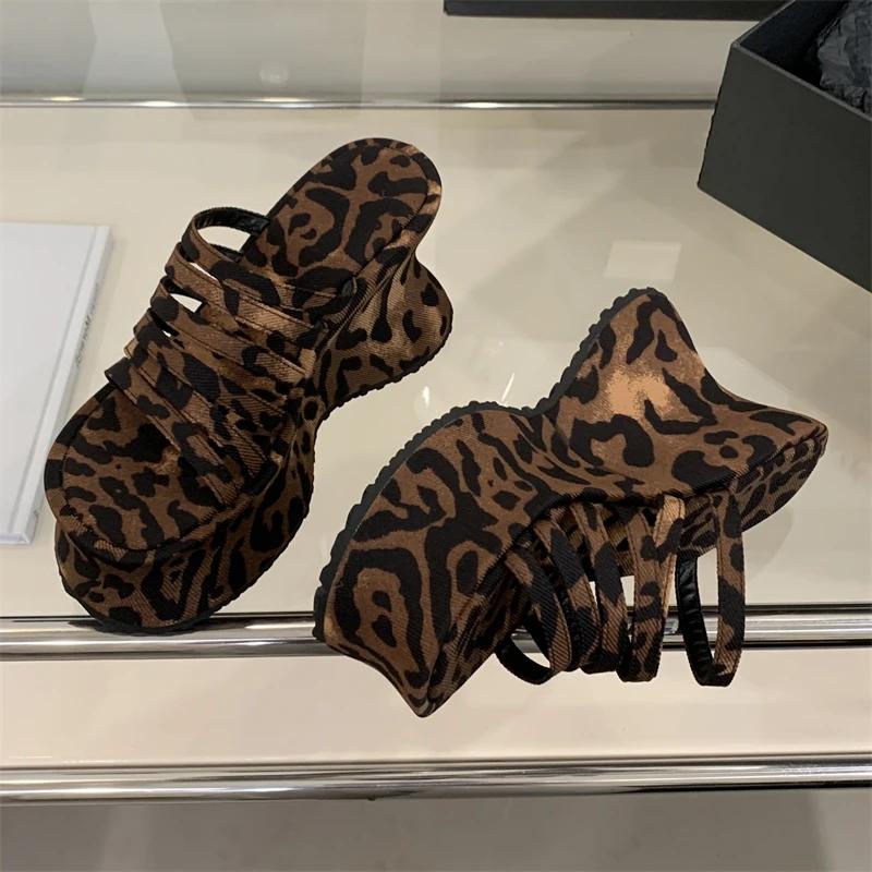Fashion Eilyken Designer Leopard Print Narrow Band Platform Wedges Heels Slippers Women's Fashion Banquet Party Female Shoes