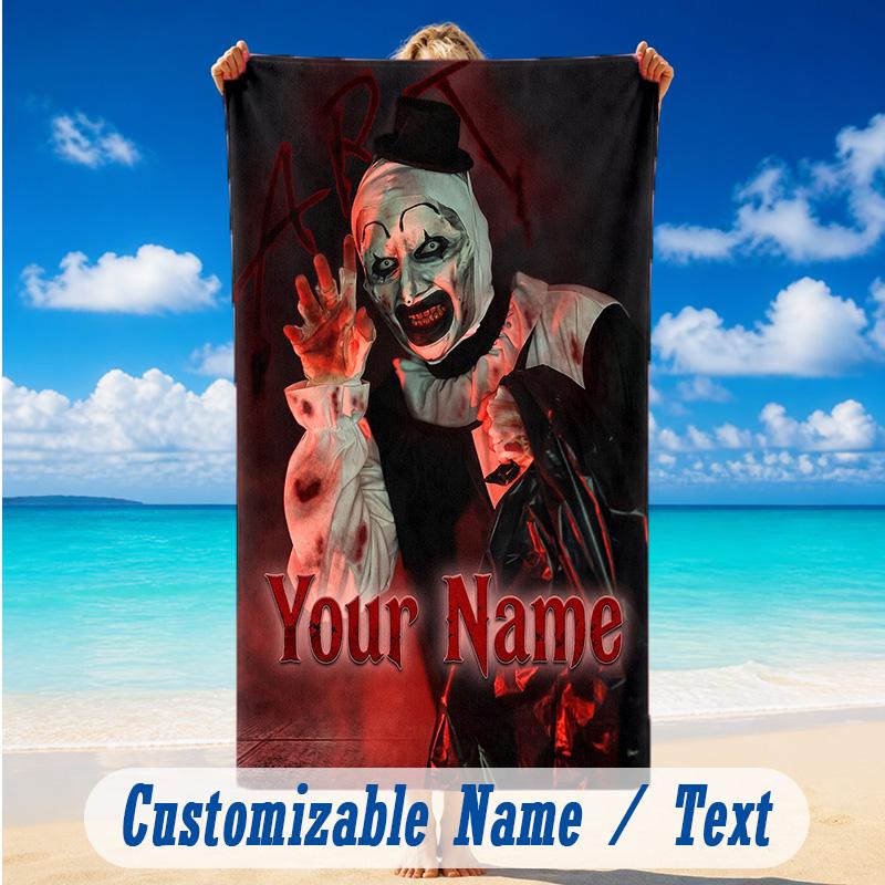 Beach Towel Custom Name Text, Quick Dry Large Towel For Beach HomeTerrifier Art the Clown