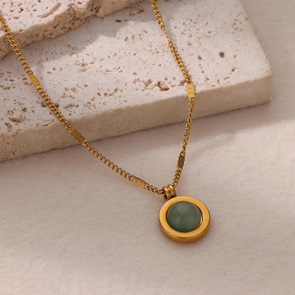 Green Nature Stone Pendant Stainless Steel Necklaces For Women Gold Color Round Stone Necklace Party Wedding Jewelry Gift Mujer