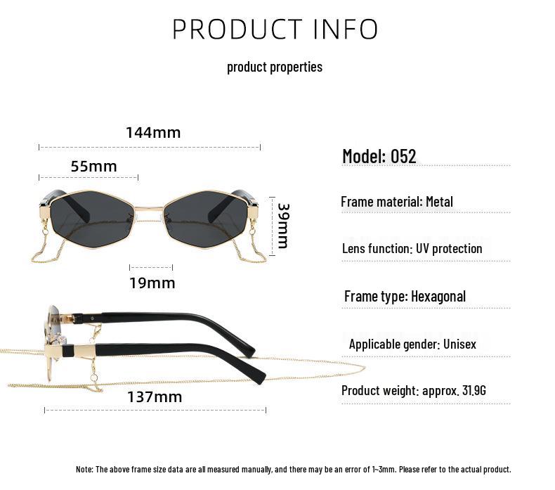 Retro Chain Decor Women's Polygonal Metal Sunglasses - European & American Street Style