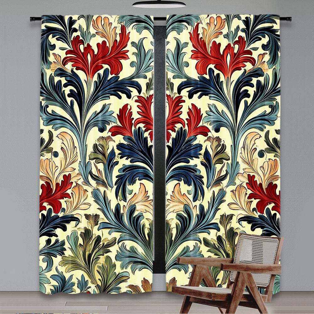 Set Of 2 Boho Style Red Flower Retro Curtain Original Design Abstract Shading Suitable Kitchen Bedroom Living Polyester Ideal For