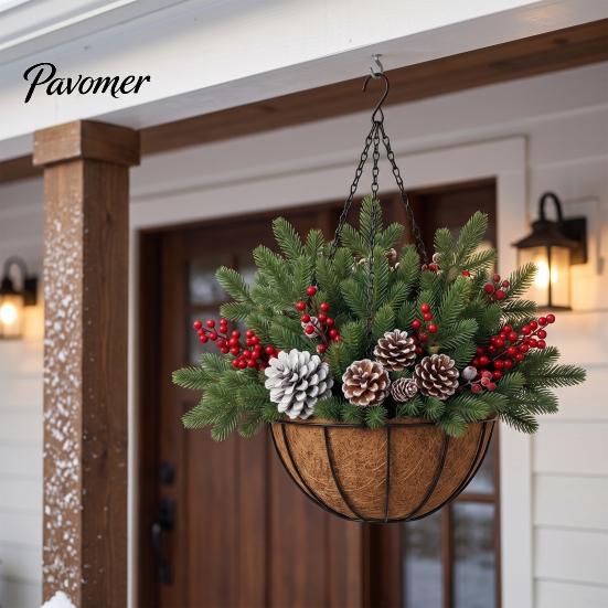 Winter Front Door Decoration Artificial Christmas Hanging Basket with Pine Branches, Red Berries & Pinecones, Natural Style Porch Decor Pre-lit