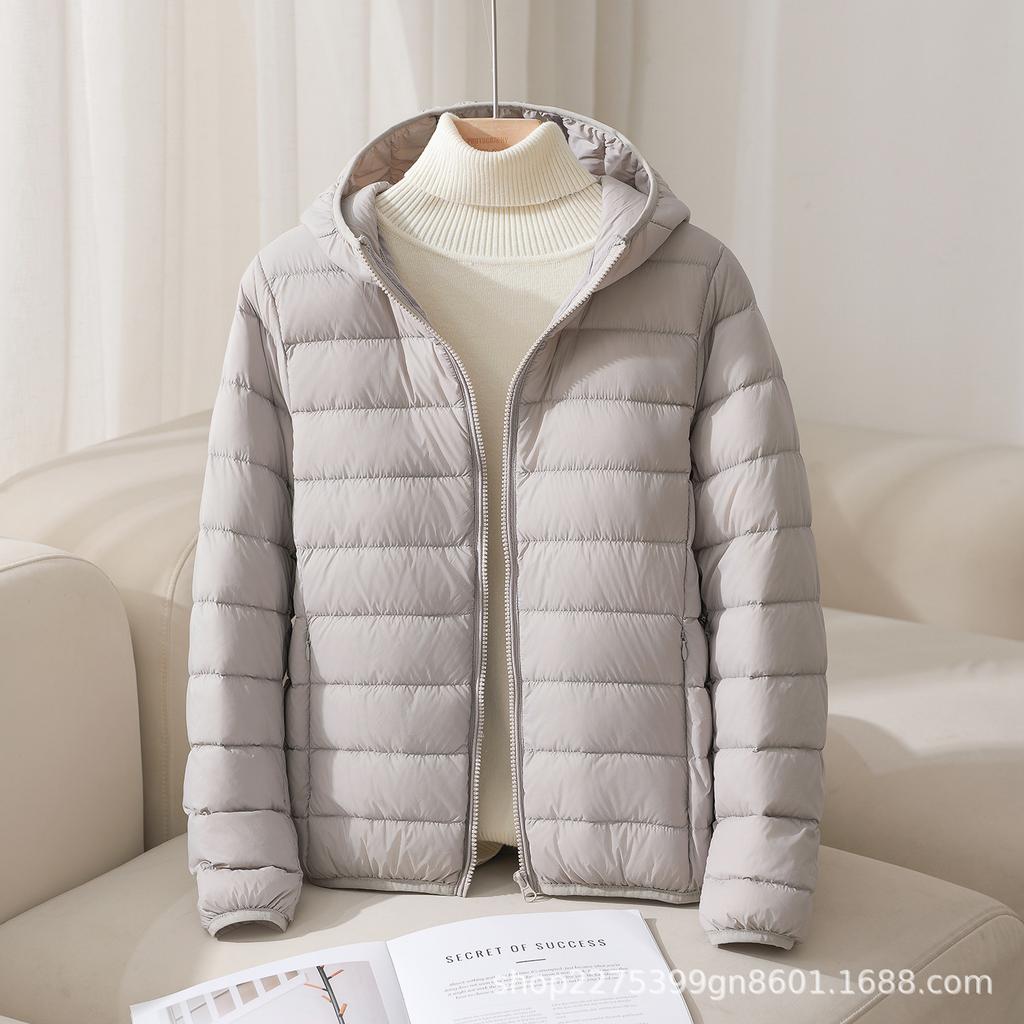 Damen Kapuzenleichte Daunenjacke Unifarben Horizontal gesteppt Reißverschluss Kurz Lässig Wintermantel