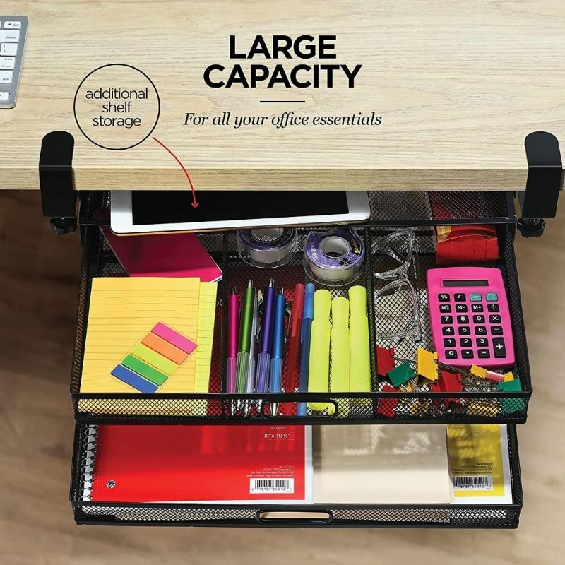 Ergonomic Office Drawer Storage Unit Black Metal Construction Double Access Compartments Under Desk Organizer
