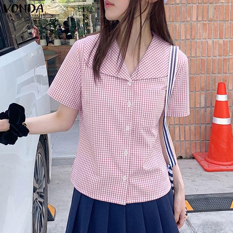 VONDA Summer Women Lapel Neck Short Sleeve Plaid Cute Casual Blouse Tops