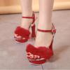 Women's Sandals 14cm High Heel Fluffy Sexy Thick Heel Rhinestone Metal Buckle Fairy 10365 Series 14cm Heel 4cm Platform LFD