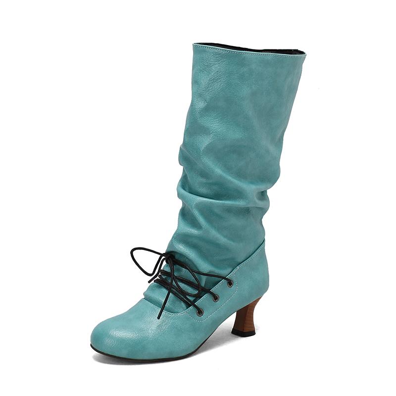 Women'S Autumn Winter Pleated Knee-High Boots Pointed Toe Stilettos Lace-Up High-Top Sexy Shoes For 34-50 Size Range