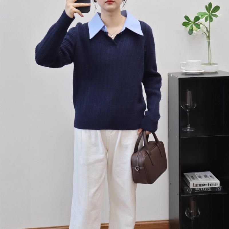 Polo collar splicing fake two-piece knitted sweater top autumn and winter new soft waxy and thin temperament sweater pullover women