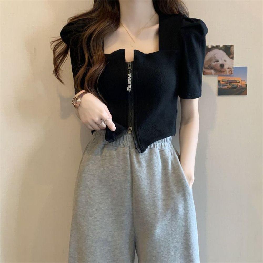 Loose Double Zipper T-shirt Square Neck Crop Tees for Women Fashion Short Sleeved T Shirts  Summer