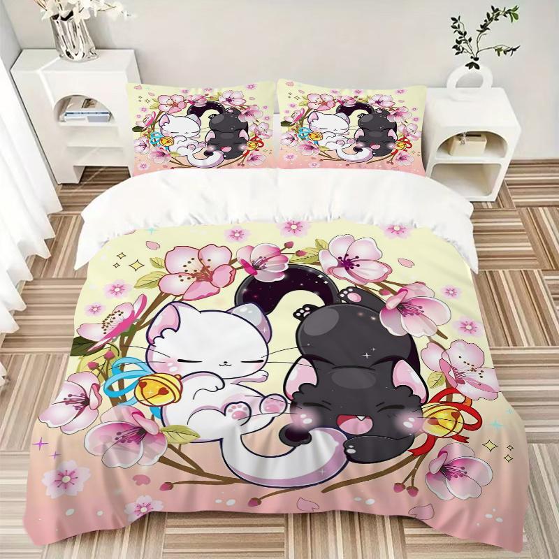 3pcs Creative Adorable White Cat and Black Cat Printed Bedding Set, Soft and Comfortable Quilt Cover for Bedroom, Guest Room (1 Duvet Cover