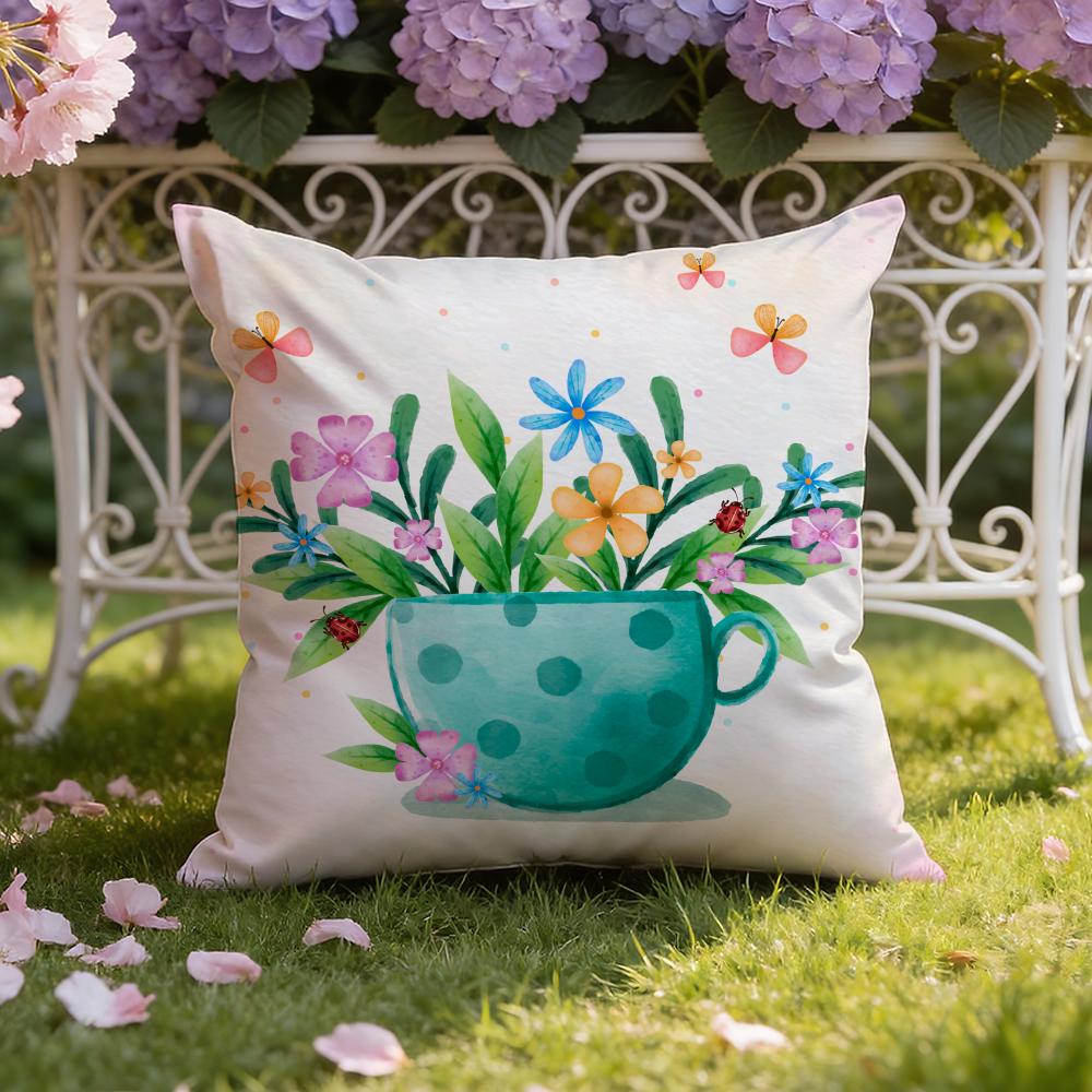 Painting Cup of Flowers Cushion Cover Home & Car Dual-Scene Pillow Cover: Reversible for Premium Comfort