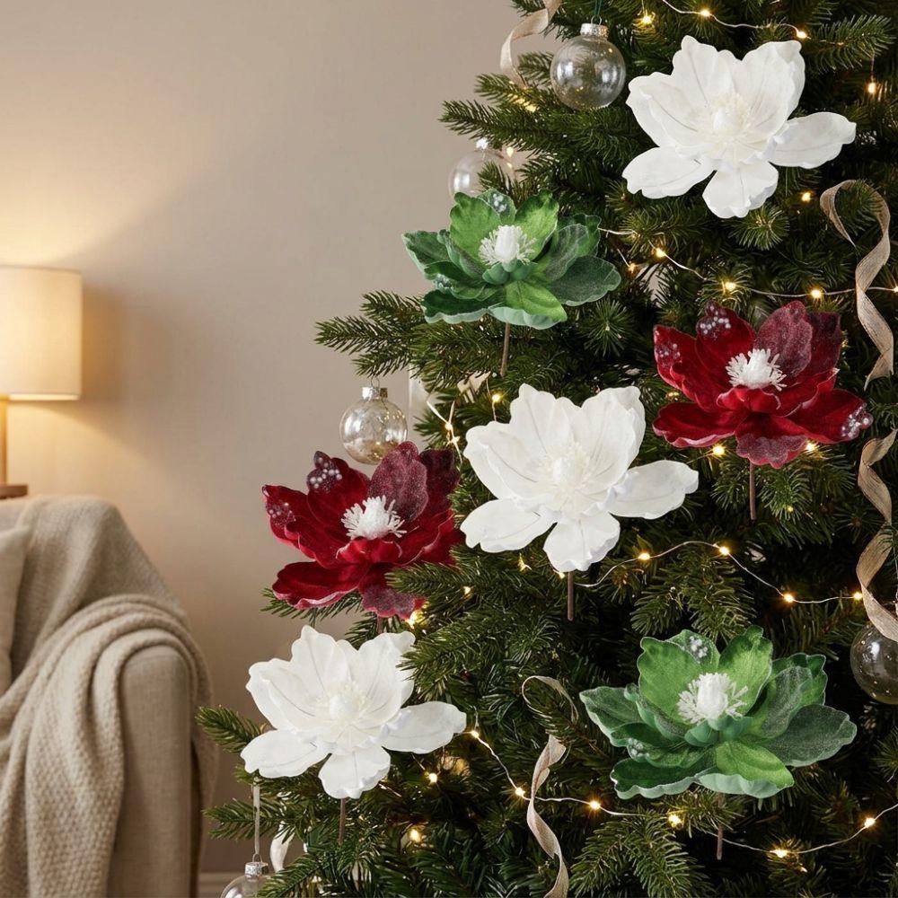 Fiori di Magnolia di Natale Floccati Realistici Fiori di Natale Finti con Paillettes Decorazioni Nuziali