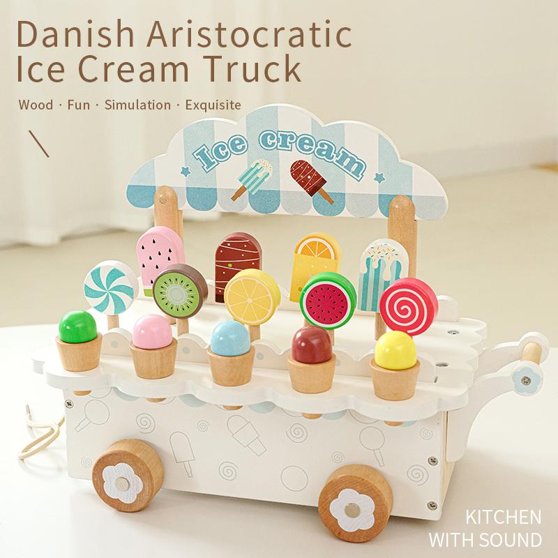 Simulation ice cream cart pretend play toy, wooden puzzle classic game, ice cream vending set, children's gift