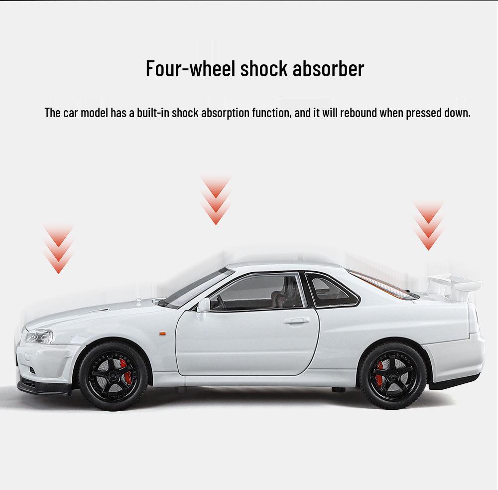 1:24 Alloy GTR R34 Model Car Toy with Sound, Light, Openable Doors, Four-Wheel Steering, and Pull-Back Action