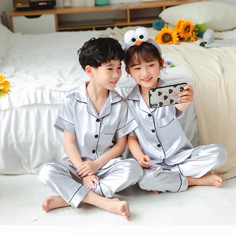 Girls' Imitation Silk Pajama Set - Short Sleeve Top & Long Pants, Lapel Design, Spring/Summer Homewear