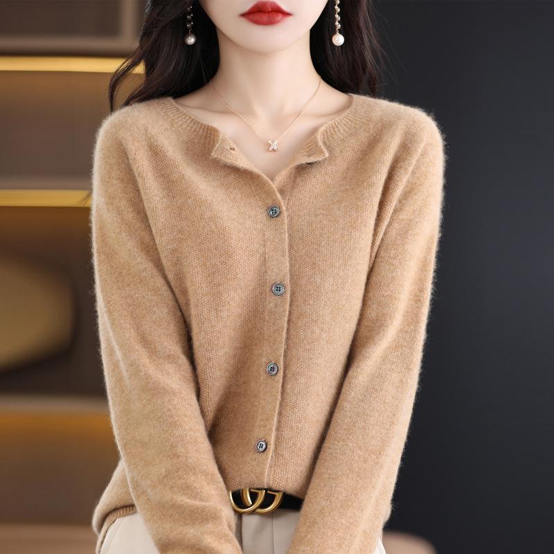 Women's 100% Pure Wool Round Neck Cardigan - Loose, Fashionable, Versatile Spring Knit Sweater.