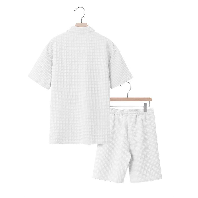 Summer Men’s Short-Sleeved Set: Jacquard Small Check Loose-Fit Casual Polo Shirt Set for Men